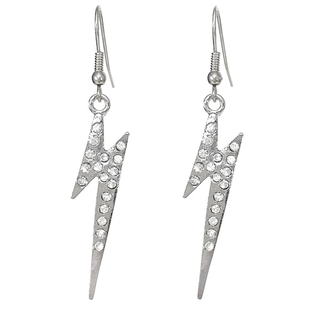 Lightning Bolt Silver Tone Rhinestone Dangle Earrings